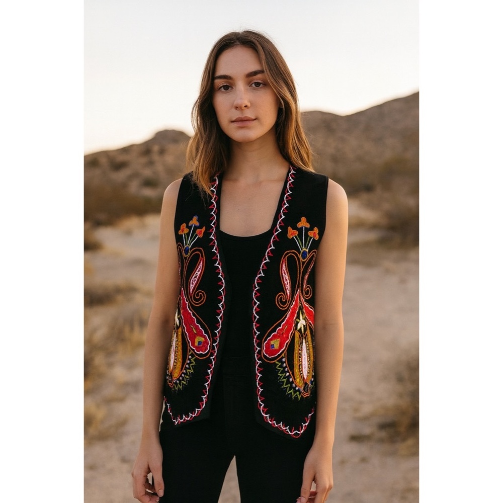 Vintage‎ EREZ LEVY Embroidered Leather Vest Paisley Floral Boho Folk Art Large